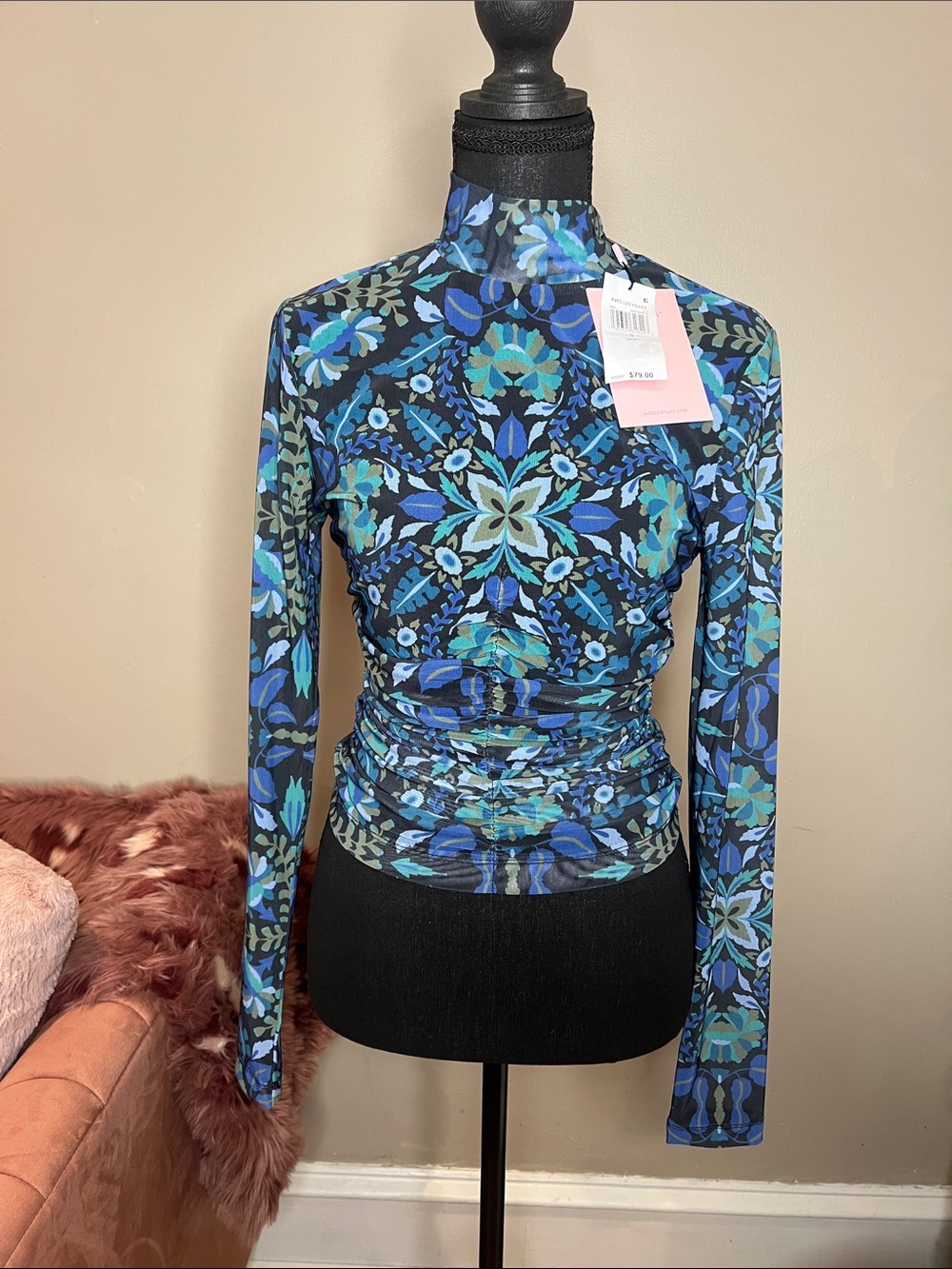 Women's Aec Les Filles Long Sleeve Mock Neck Top in Blue Floral Print